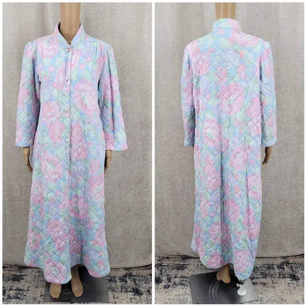 Miss Elaine Vintage Button Down Floral Quilted Robe Pastel